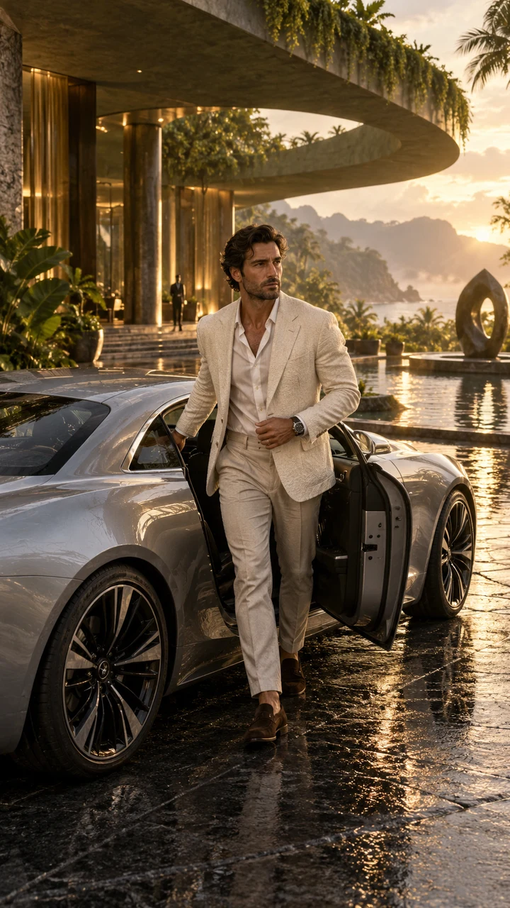 Luxury Arrival: synthetic concept artwork of a fictional adult; no example video or personalization is shown