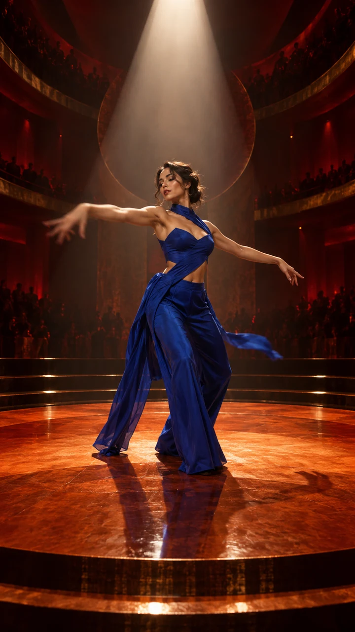 Stage Dance: synthetic concept artwork of a fictional adult; no example video or personalization is shown