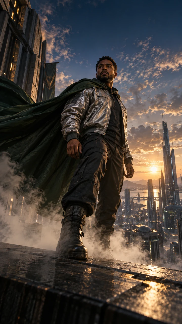 Superhero Arrival: synthetic concept artwork of a fictional adult; no example video or personalization is shown